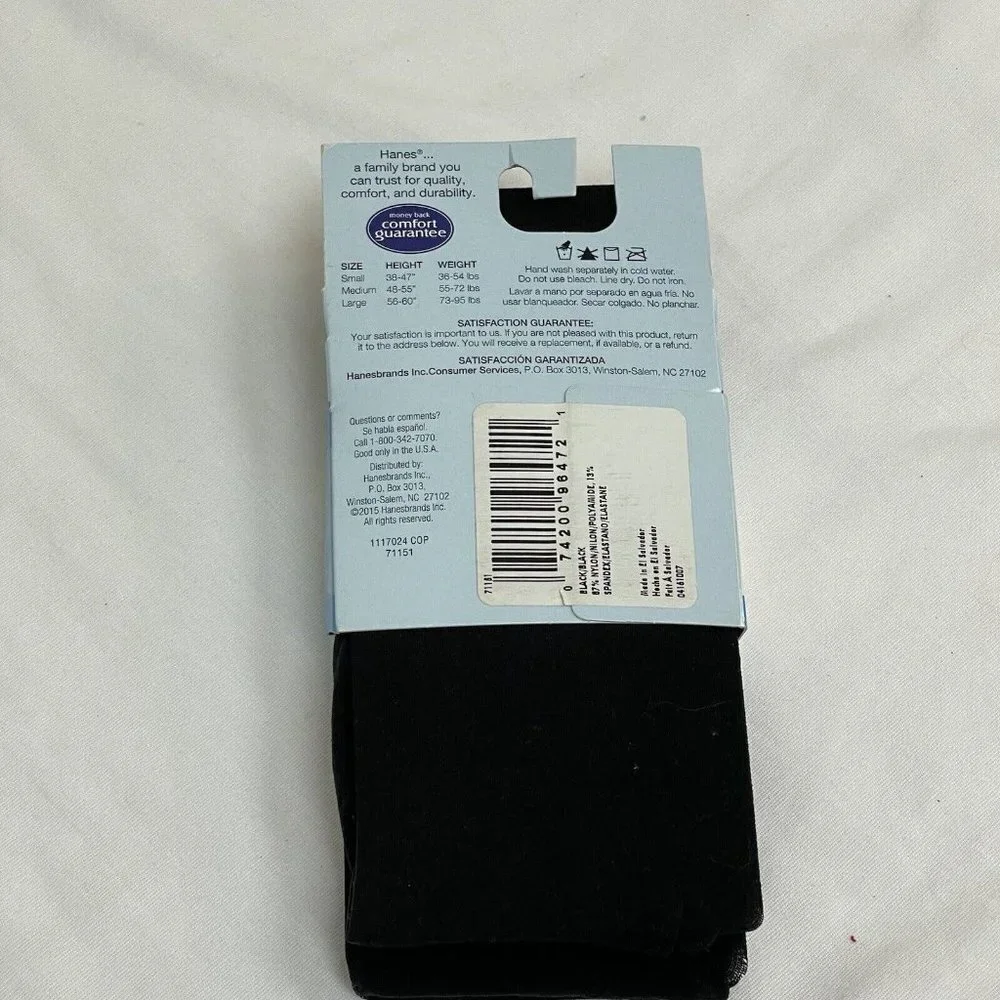 Set of 2 Hanes Big Girls 2 Pack Solid Black Tights Size Medium 48-55” 55-72 Lbs